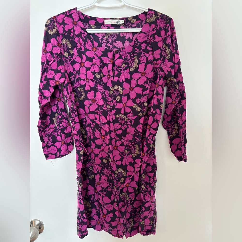 Vintage DK Brand Jackpot Floral Long Sleeve Tunic in Pink and Black - Size 38